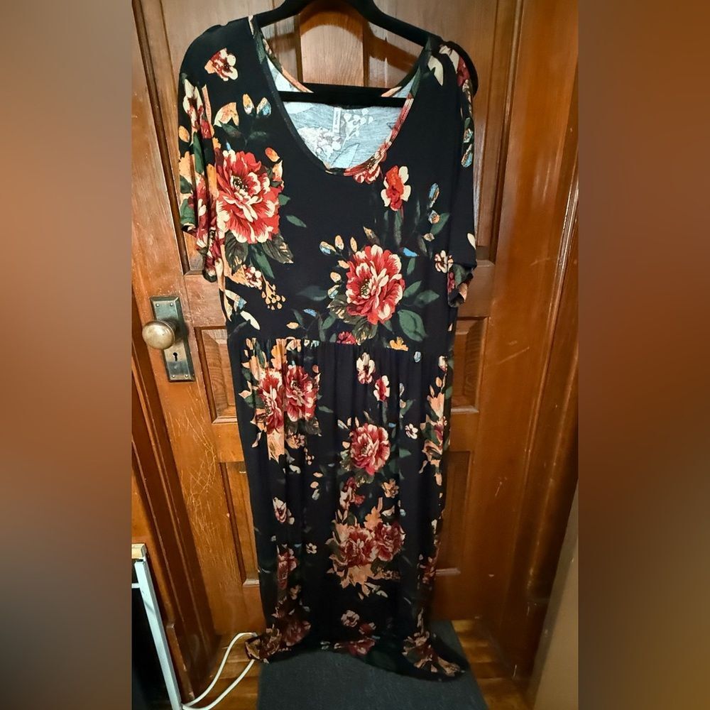 Longyuan Maxi Dress 3XL Plus Size Short Sleeve Jersey Knit Stretch Black EUC
